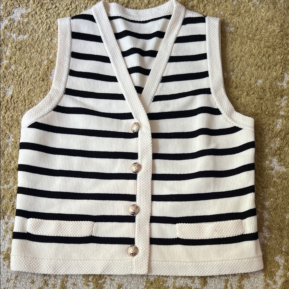 Elegant Black and White Striped V-Neck Sweater Vest